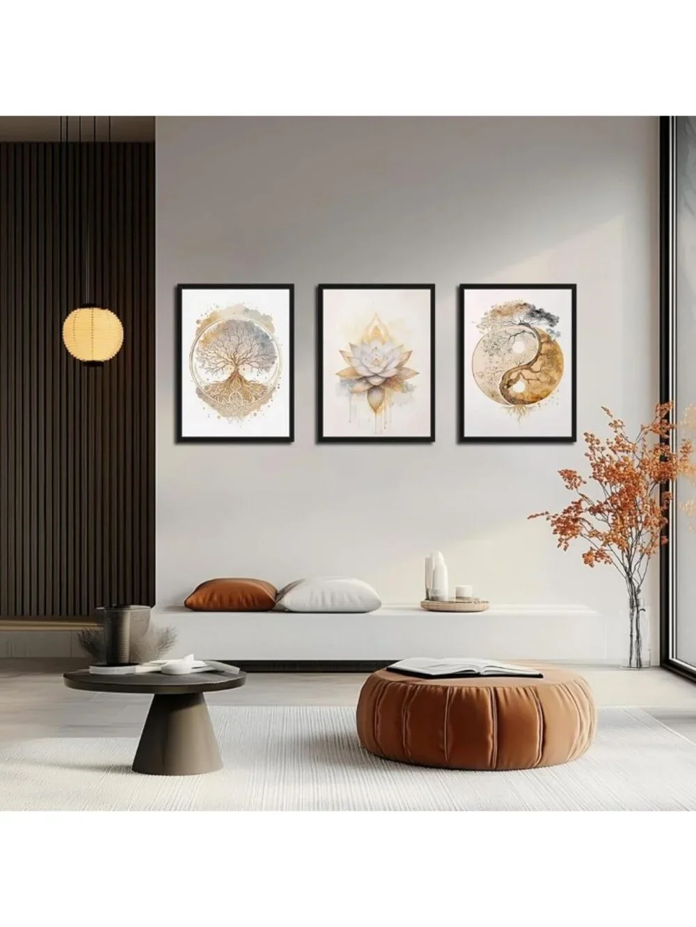 Set of 3 Modern Tree of Life Wall Art, Gold Lotus Zen Canvas Decor, Abstract Yin
